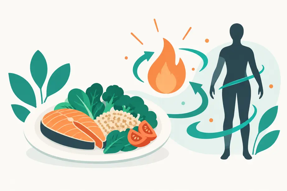 Ilustrace jídla a energie symbolizující výpočet BMR a kalorií